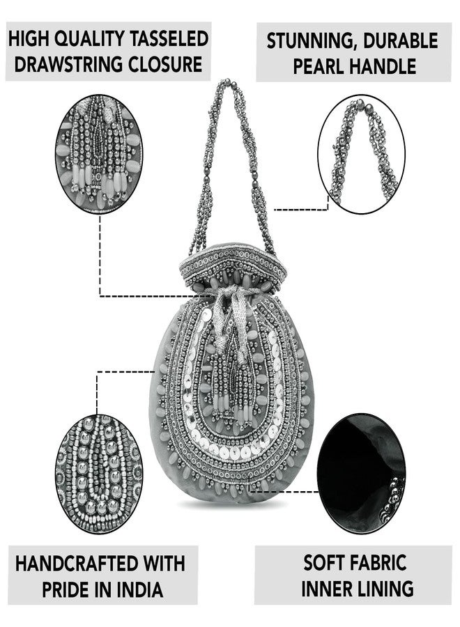 Peora Grey Potli Bags for Women Evening Bag Clutch Ethnic Bride Purse with Drawstring(P92GRY) - Image 3
